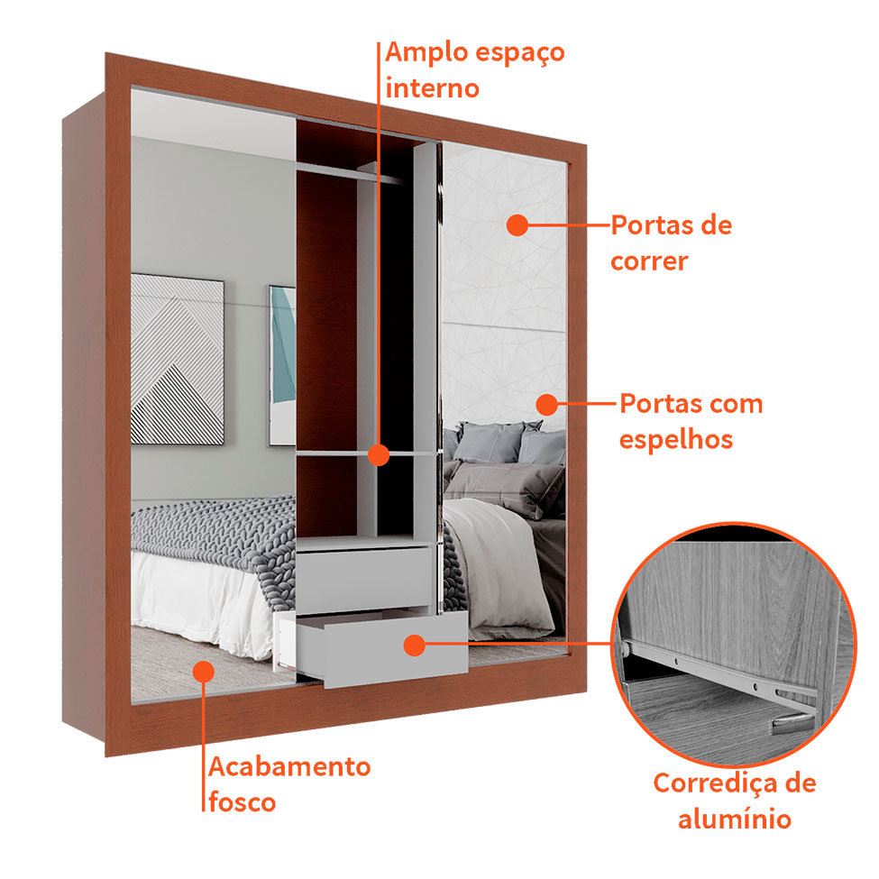 Guarda-Roupa Casal com 3 Espelhos Luiza 3 Portas 2 Gavetas Marrom e Branco 190 cm