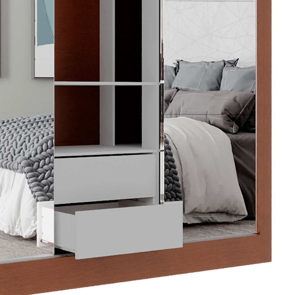 Guarda-Roupa Casal com 3 Espelhos Luiza 3 Portas 2 Gavetas Marrom e Branco 190 cm