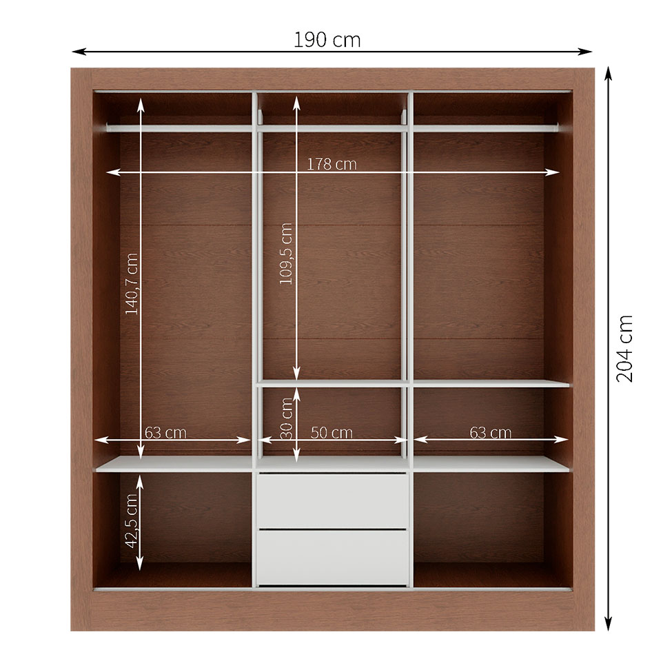 Guarda-Roupa Casal com 3 Espelhos Luiza 3 Portas 2 Gavetas Marrom e Branco 190 cm