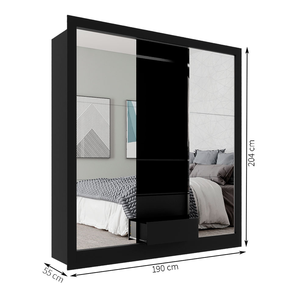 Guarda-Roupa Casal com 3 Espelhos Luiza 3 Portas 2 Gavetas Preto 190 cm