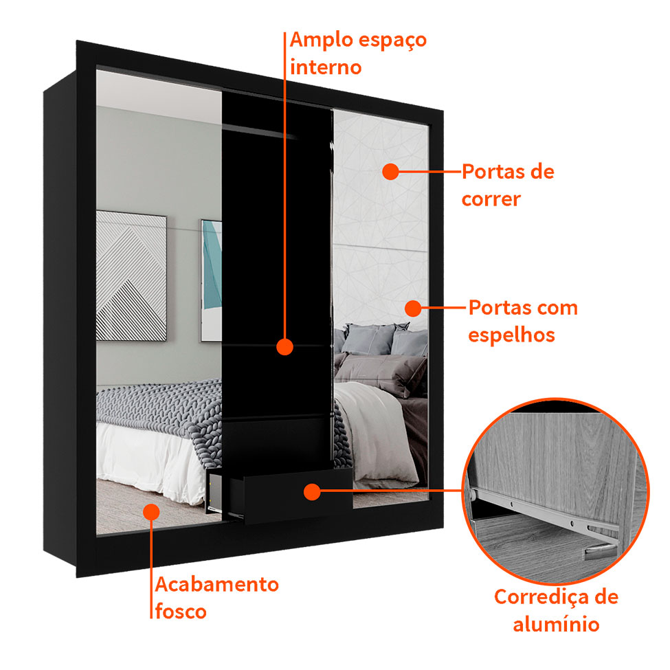 Guarda-Roupa Casal com 3 Espelhos Luiza 3 Portas 2 Gavetas Preto 190 cm