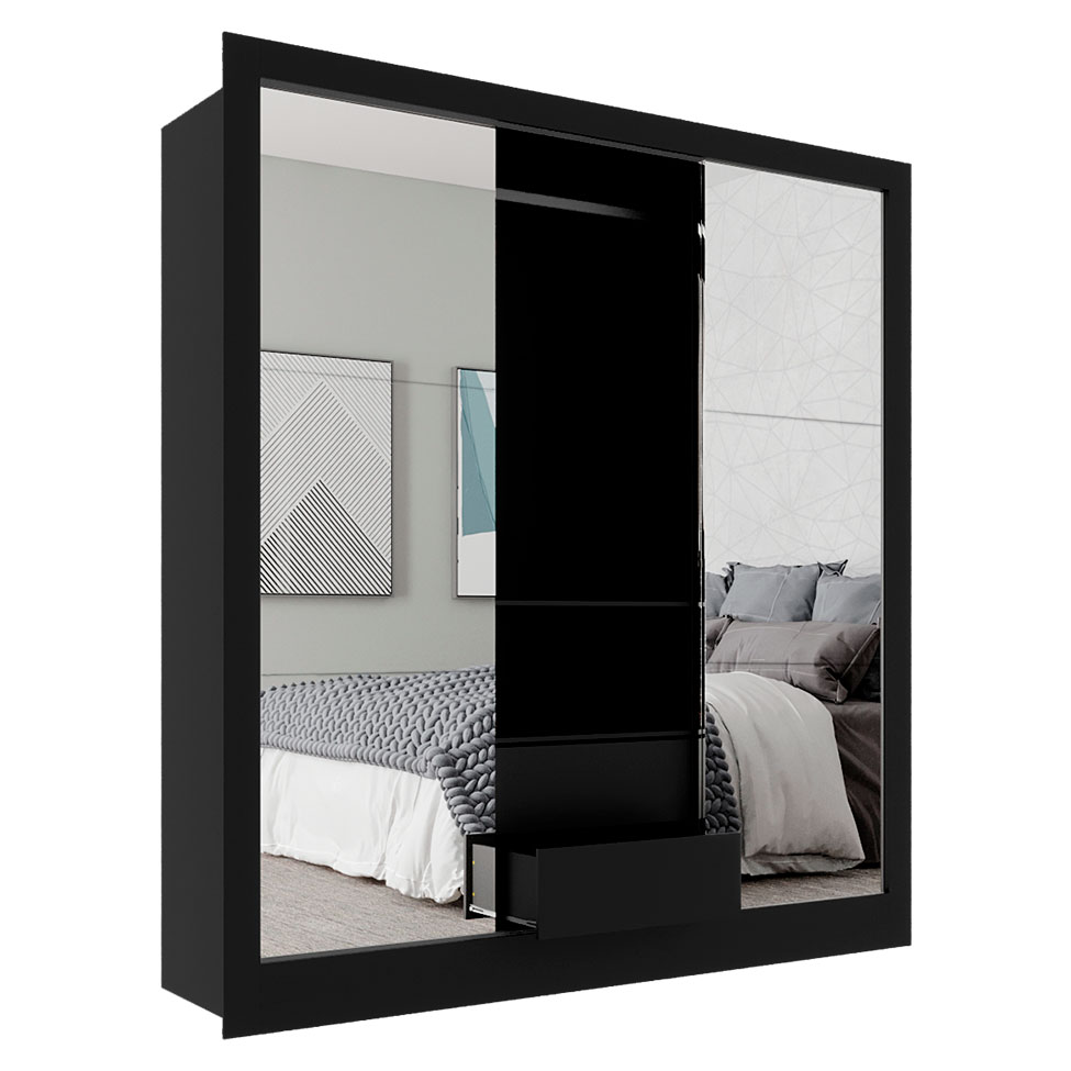 Guarda-Roupa Casal com 3 Espelhos Luiza 3 Portas 2 Gavetas Preto 190 cm