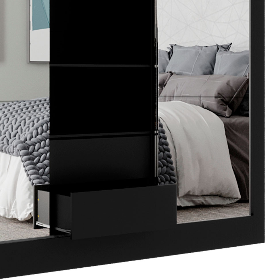 Guarda-Roupa Casal com 3 Espelhos Luiza 3 Portas 2 Gavetas Preto 190 cm