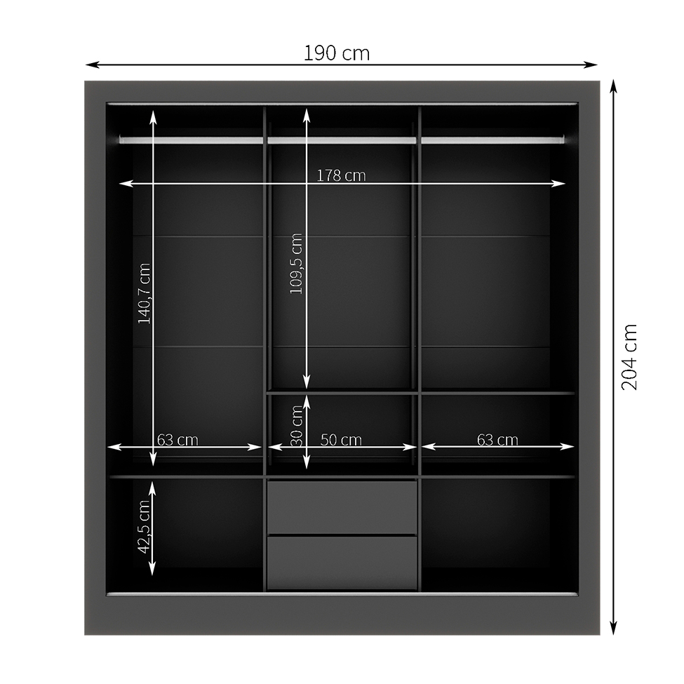 Guarda-Roupa Casal com 3 Espelhos Luiza 3 Portas 2 Gavetas Preto 190 cm