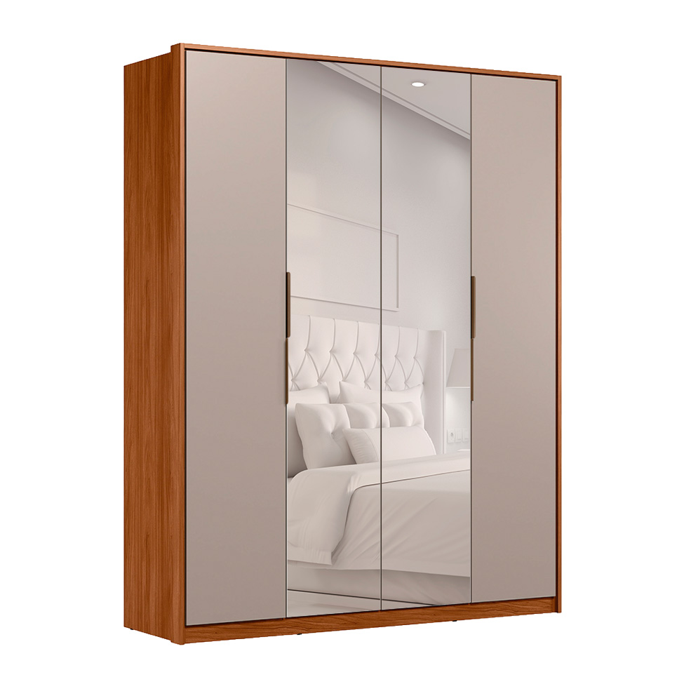 Guarda-Roupa Casal com Espelho Attore 4 Portas 3 Gavetas Nogueira e Nude