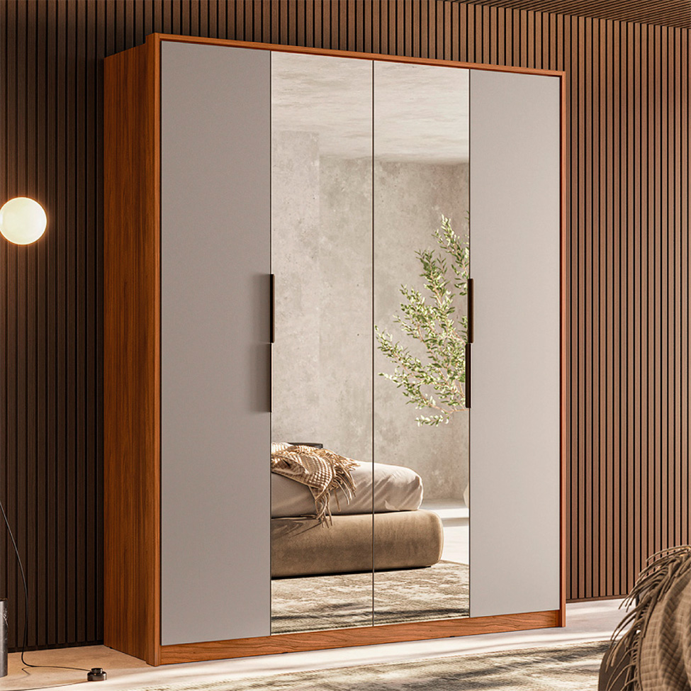 Guarda-Roupa Casal com Espelho Attore 4 Portas 3 Gavetas Nogueira e Nude