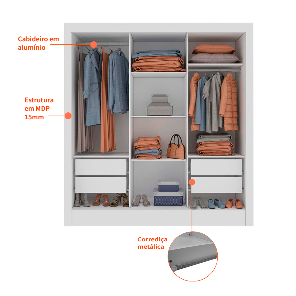 Guarda-Roupa Casal com Espelho Bahia III 3 Portas 4 Gavetas Branco