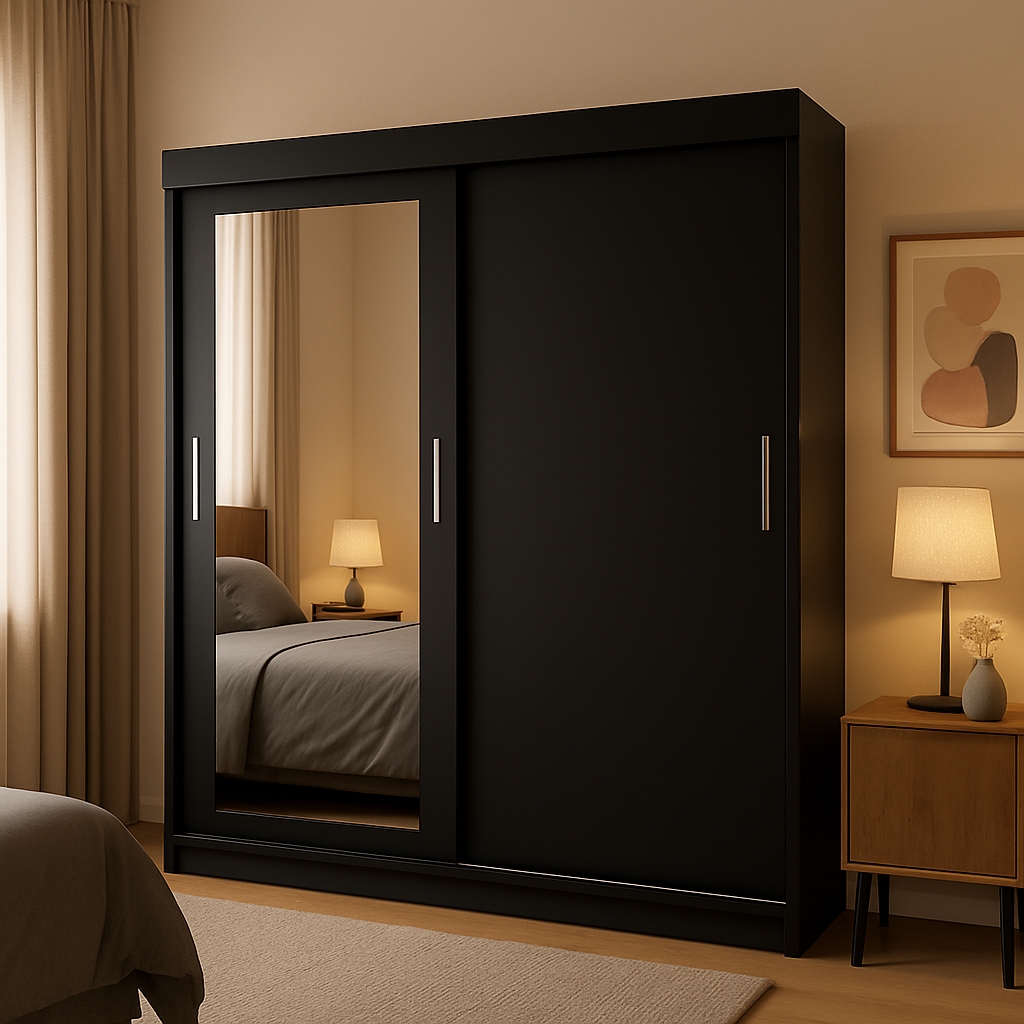 Guarda-Roupa Casal com Espelho Karina 2 Portas 2 Gavetas Preto