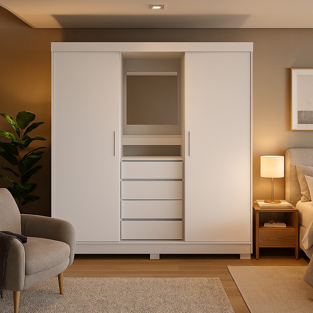 Guarda-Roupa Casal com Espelho e Penteadeira Grécia 2 Portas 4 Gavetas Branco