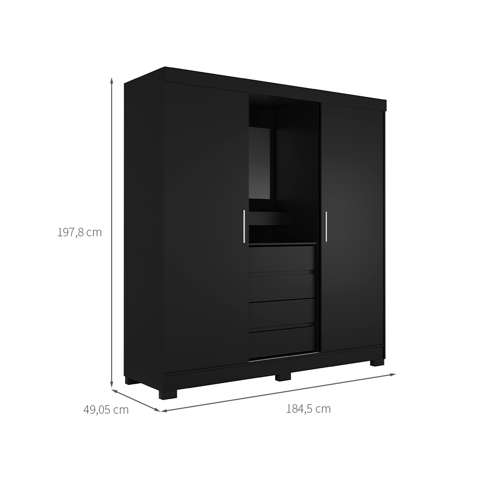 Guarda-Roupa Casal com Espelho e Penteadeira Grécia 2 Portas 4 Gavetas Preto