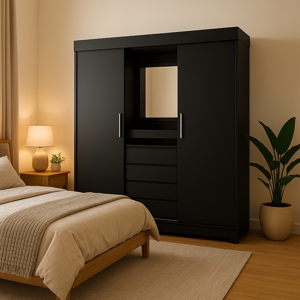 Guarda-Roupa Casal com Espelho e Penteadeira Grécia 2 Portas 4 Gavetas Preto