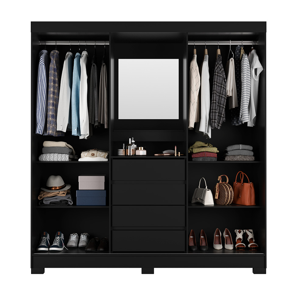 Guarda-Roupa Casal com Espelho e Penteadeira Grécia 2 Portas 4 Gavetas Preto