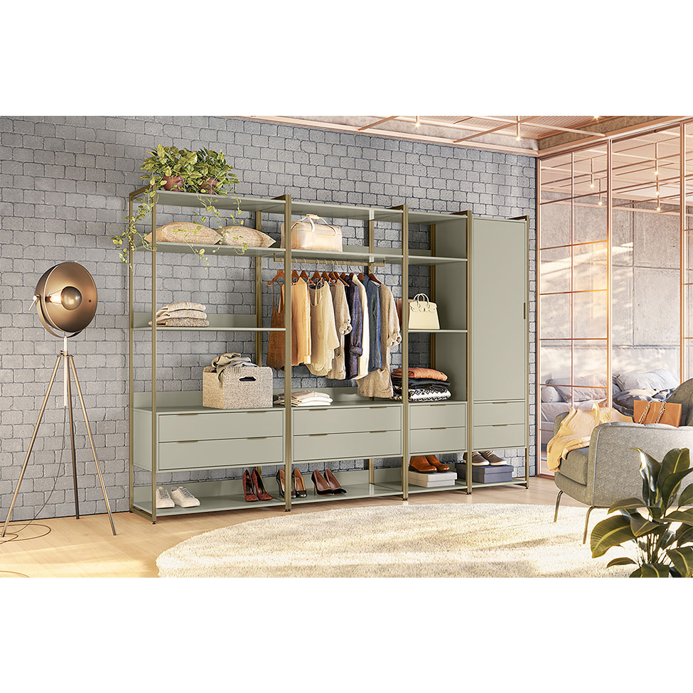Guarda-Roupa Closet Industrial Mital 1 PT 8 GV Off White e Dourado