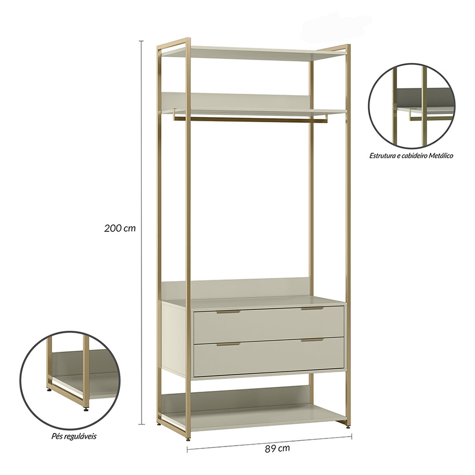 Guarda-Roupa Closet Industrial Mital 1 PT 8 GV Off White e Dourado