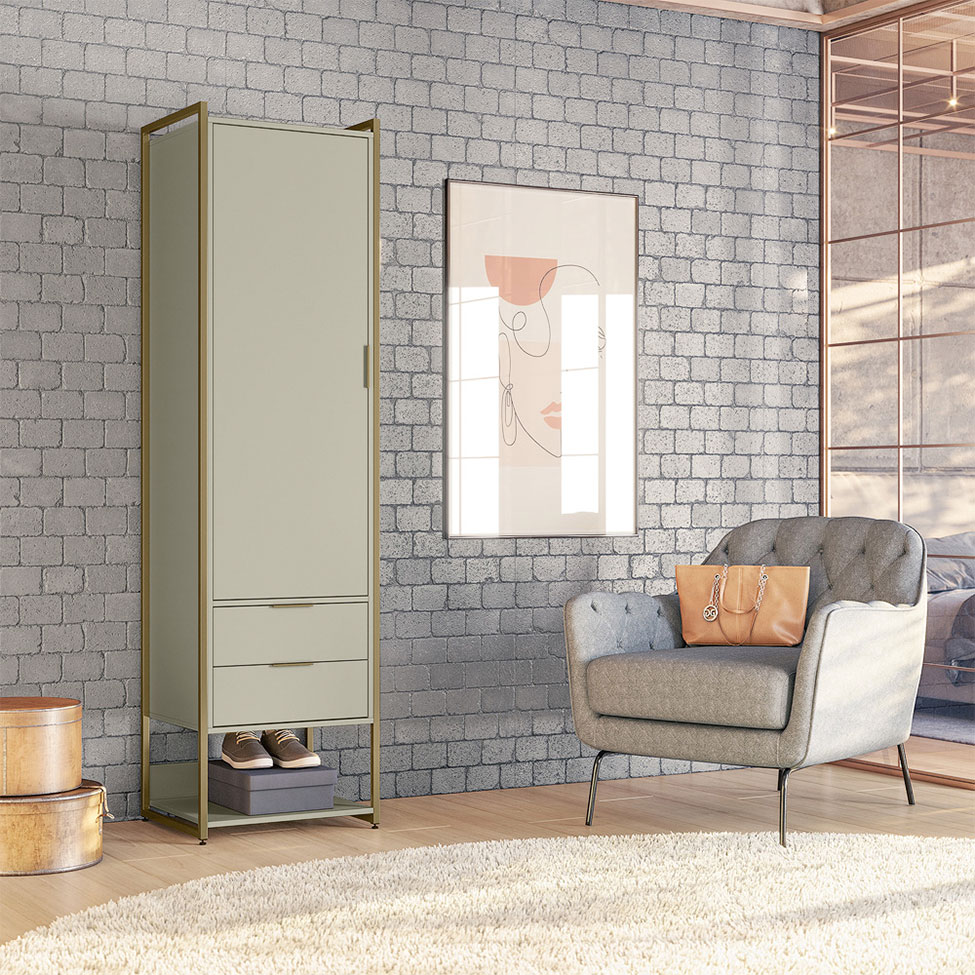Guarda-Roupa Closet Industrial Mital 1 Porta 2 Gavetas Off White e Dourado