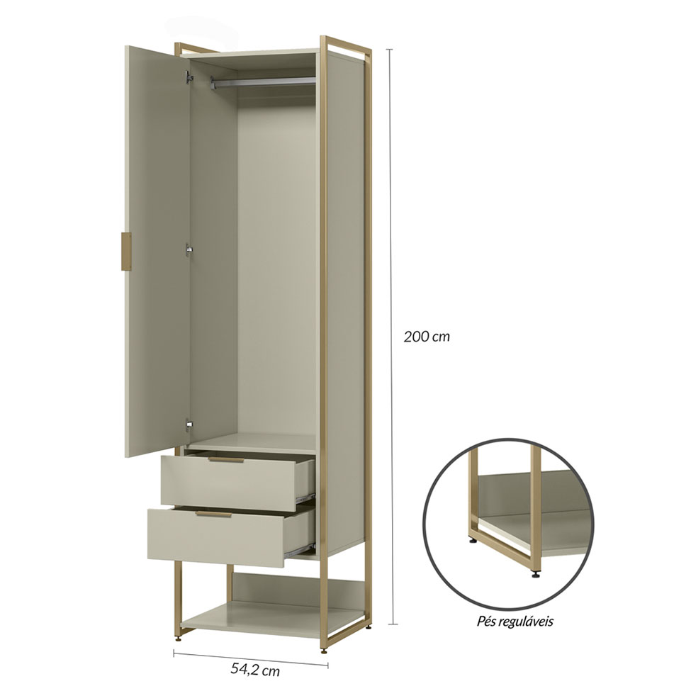 Guarda-Roupa Closet Industrial Mital 1 Porta 2 Gavetas Off White e Dourado