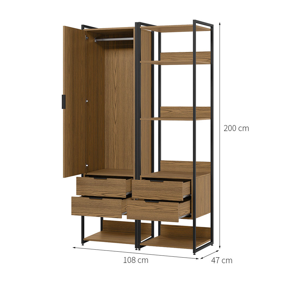 Guarda-Roupa Closet Industrial Mital 1 Porta 4 Gavetas Conhaque e Preto
