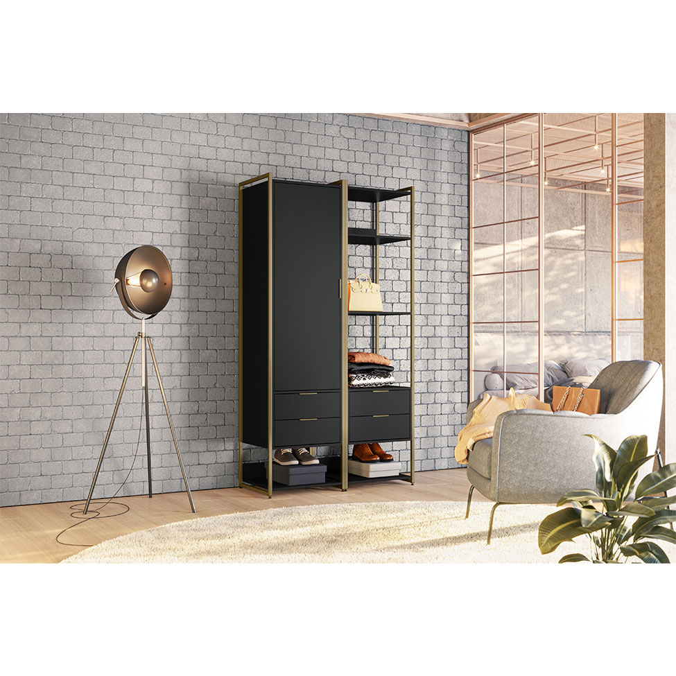 Guarda-Roupa Closet Industrial Mital 1 Porta 4 Gavetas Preto e Dourado