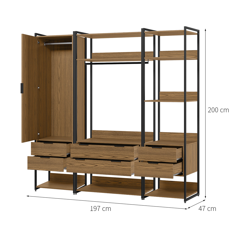 Guarda-Roupa Closet Industrial Mital 1 Porta 6 Gavetas Conhaque e Preto