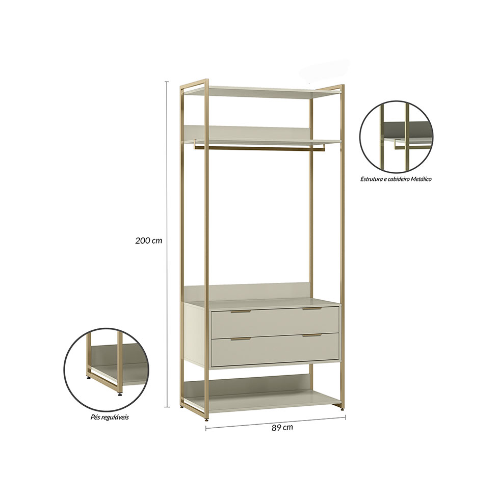 Guarda-Roupa Closet Industrial Mital 1 Porta 6 Gavetas Off White e Dourado