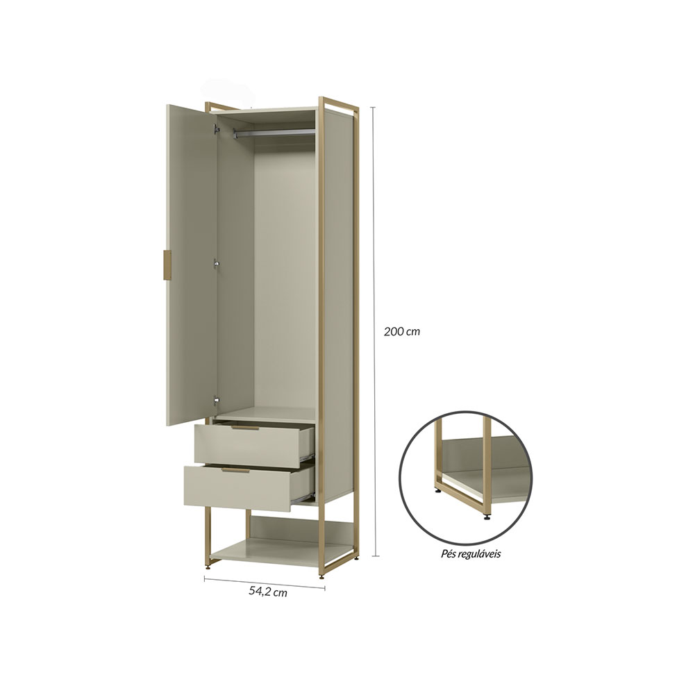 Guarda-Roupa Closet Industrial Mital 1 Porta 6 Gavetas Off White e Dourado
