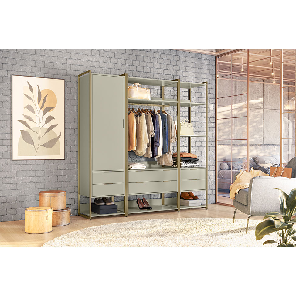 Guarda-Roupa Closet Industrial Mital 1 Porta 6 Gavetas Off White e Dourado