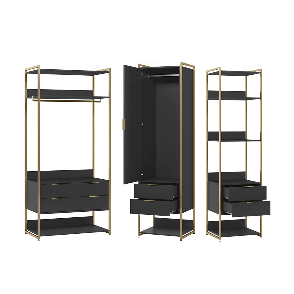 Guarda-Roupa Closet Industrial Mital 1 Porta 6 Gavetas Preto e Dourado