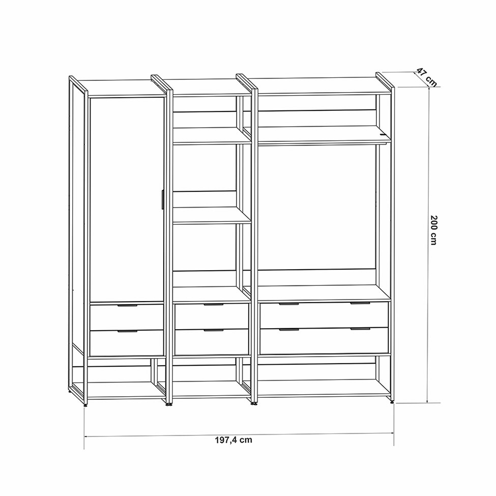 Guarda-Roupa Closet Industrial Mital 1 Porta 6 Gavetas Preto e Dourado