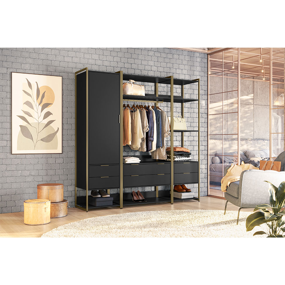 Guarda-Roupa Closet Industrial Mital 1 Porta 6 Gavetas Preto e Dourado