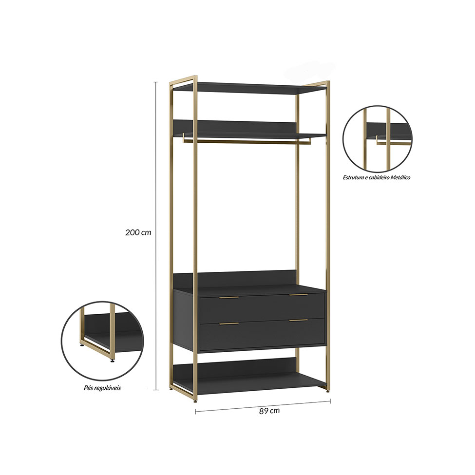 Guarda-Roupa Closet Industrial Mital 1 Porta 6 Gavetas Preto e Dourado