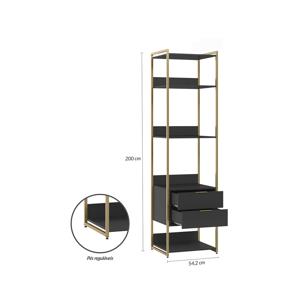 Guarda-Roupa Closet Industrial Mital 1 Porta 6 Gavetas Preto e Dourado