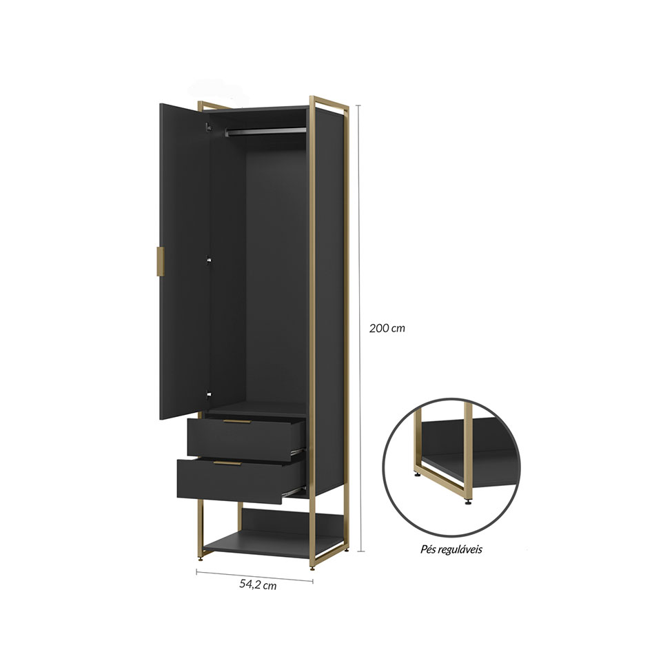Guarda-Roupa Closet Industrial Mital 1 Porta 6 Gavetas Preto e Dourado