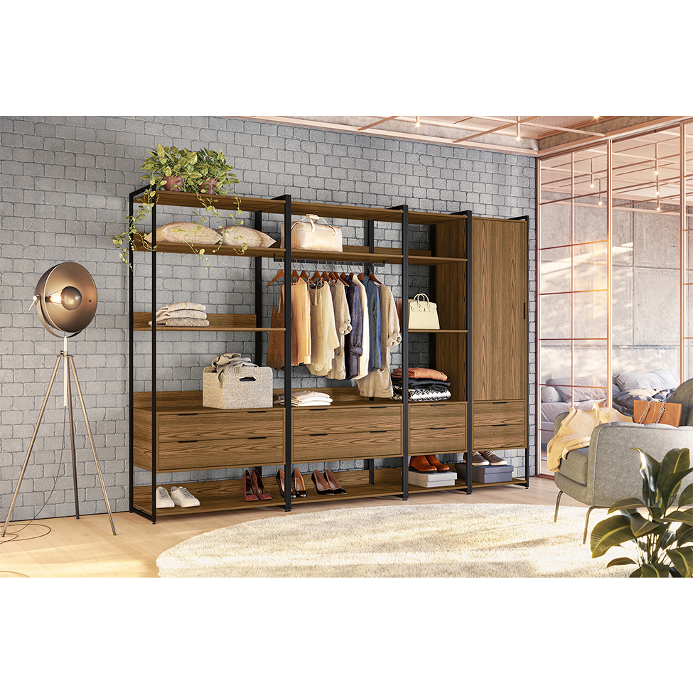 Guarda-Roupa Closet Industrial Mital 1 Porta 8 Gavetas Conhaque e Preto