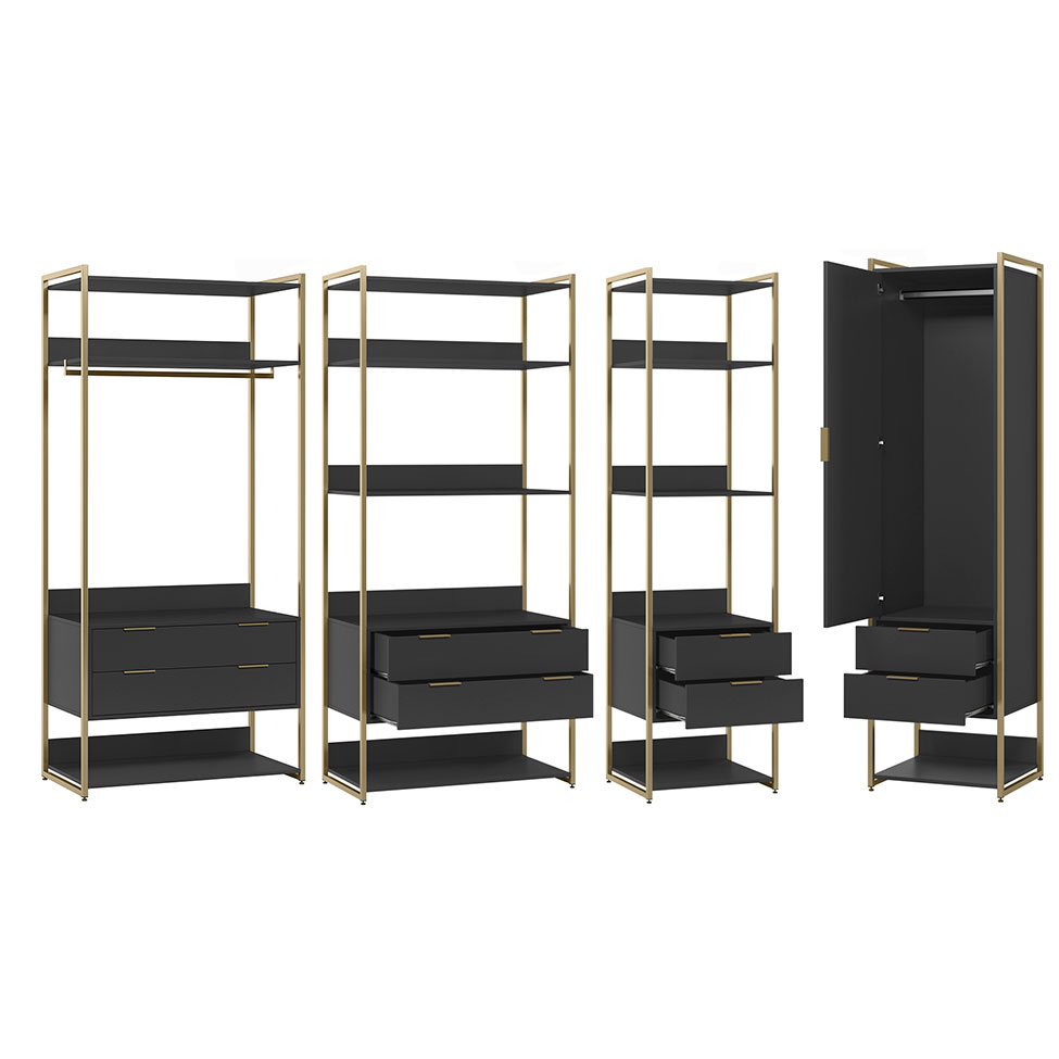Guarda-Roupa Closet Industrial Mital 1 Porta 8 Gavetas Preto e Dourado