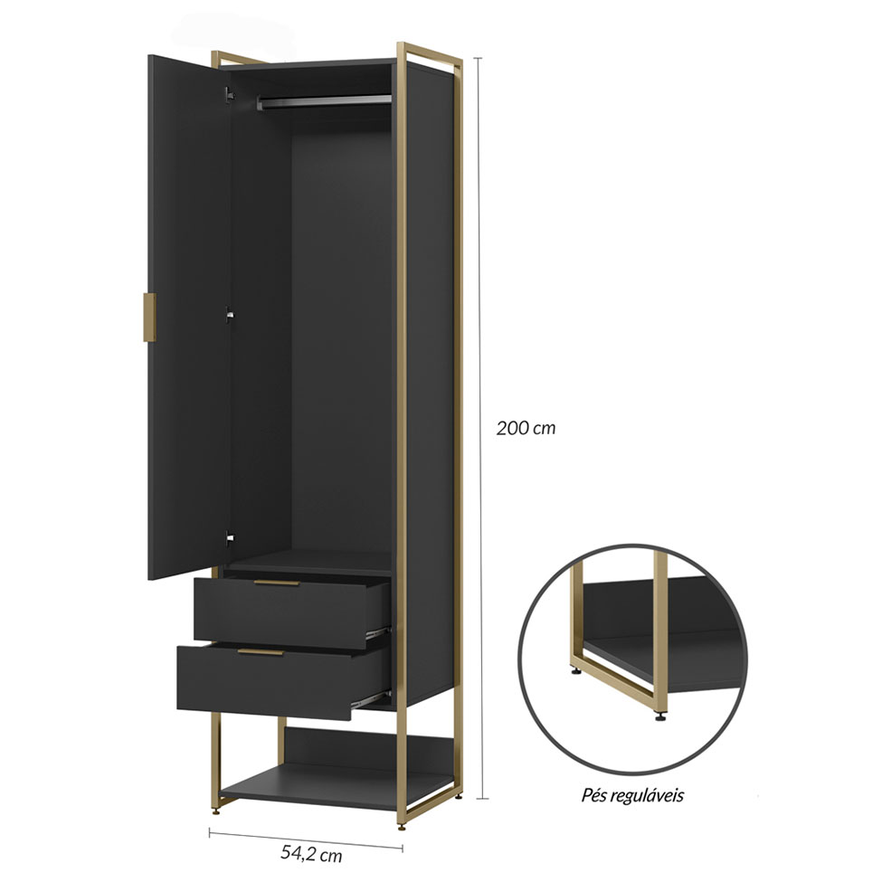 Guarda-Roupa Closet Industrial Mital 1 Porta 8 Gavetas Preto e Dourado