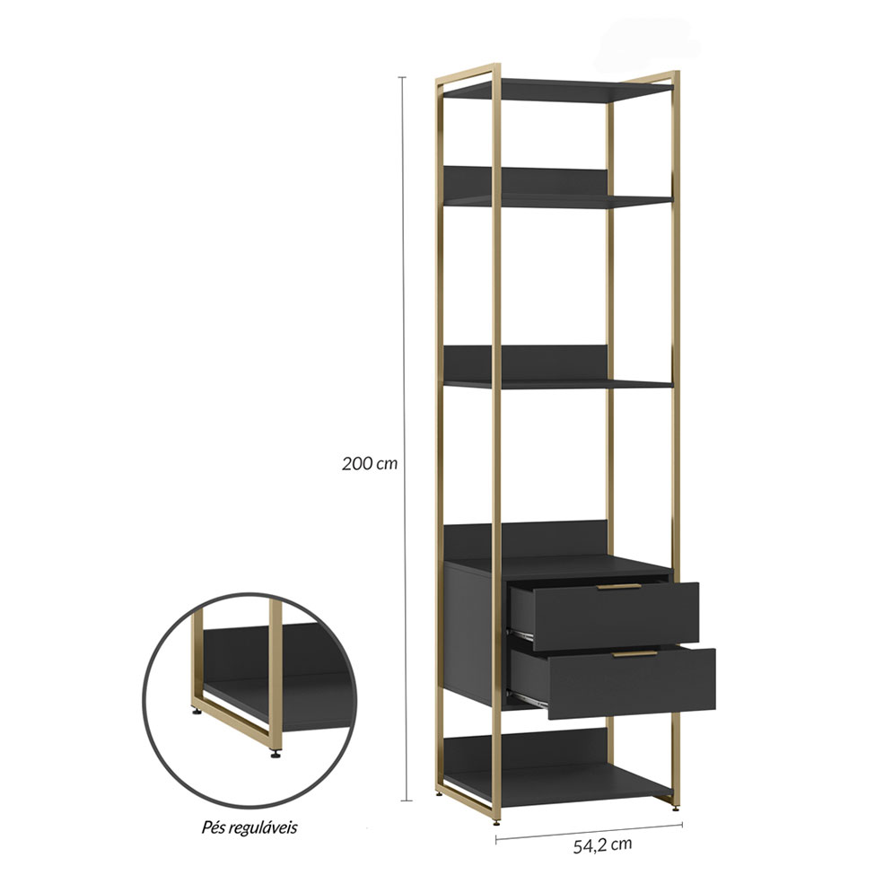Guarda-Roupa Closet Industrial Mital 1 Porta 8 Gavetas Preto e Dourado