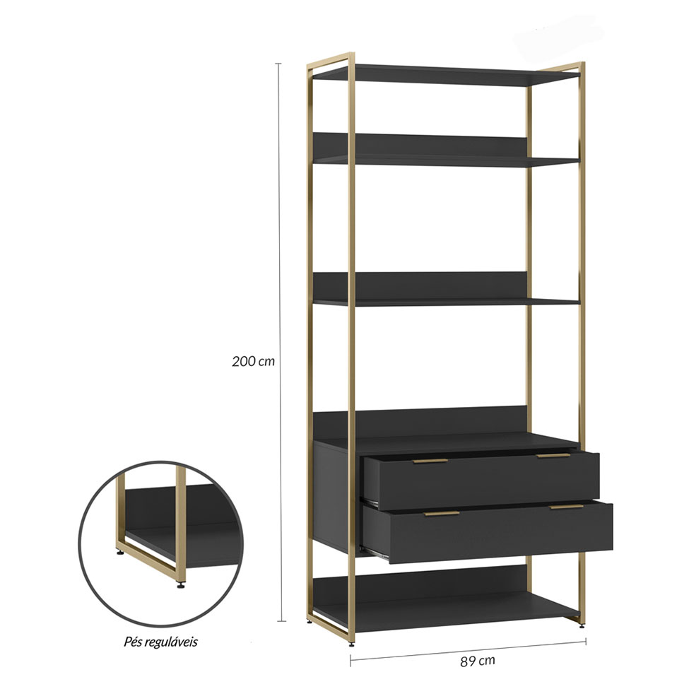 Guarda-Roupa Closet Industrial Mital 1 Porta 8 Gavetas Preto e Dourado