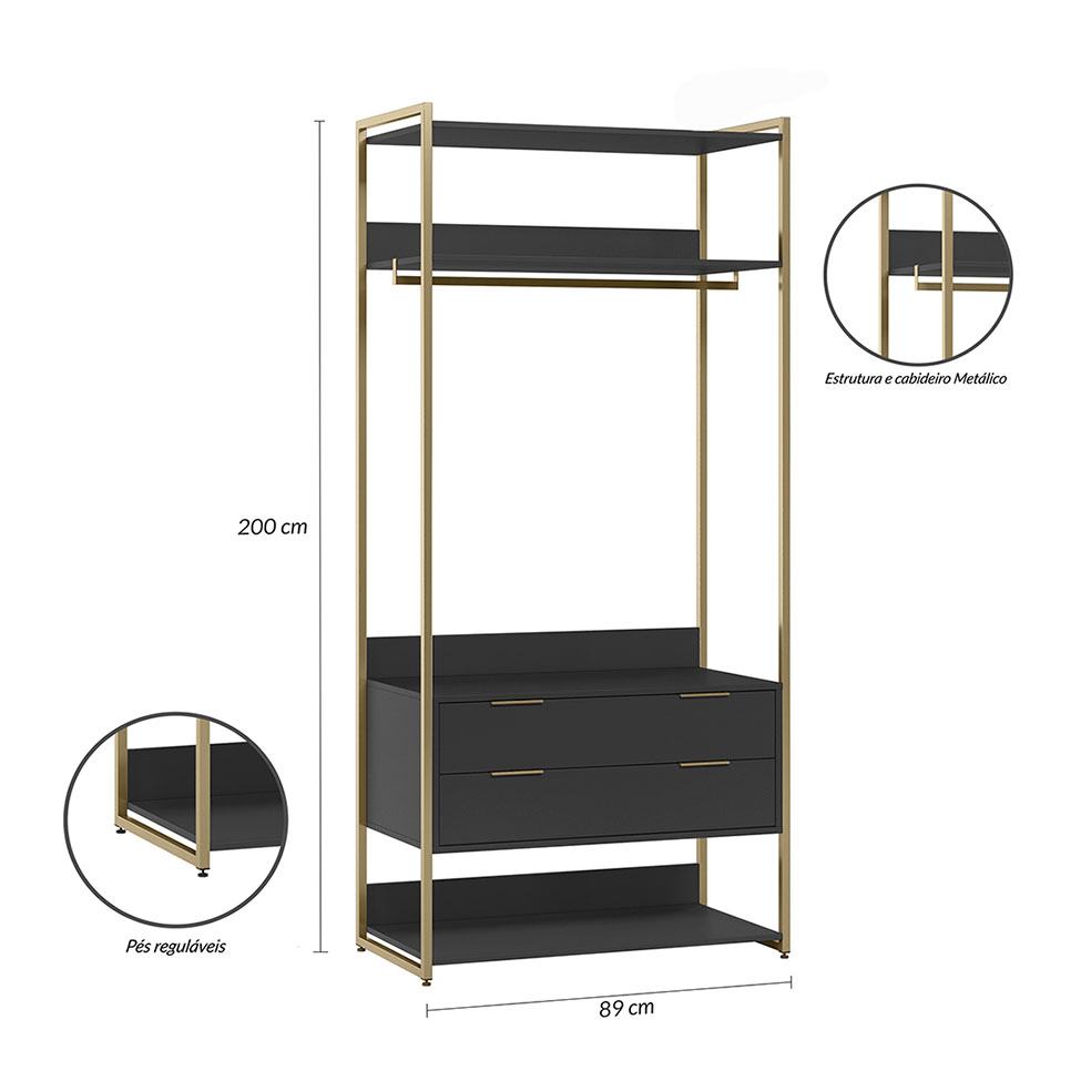 Guarda-Roupa Closet Industrial Mital 1 Porta 8 Gavetas Preto e Dourado