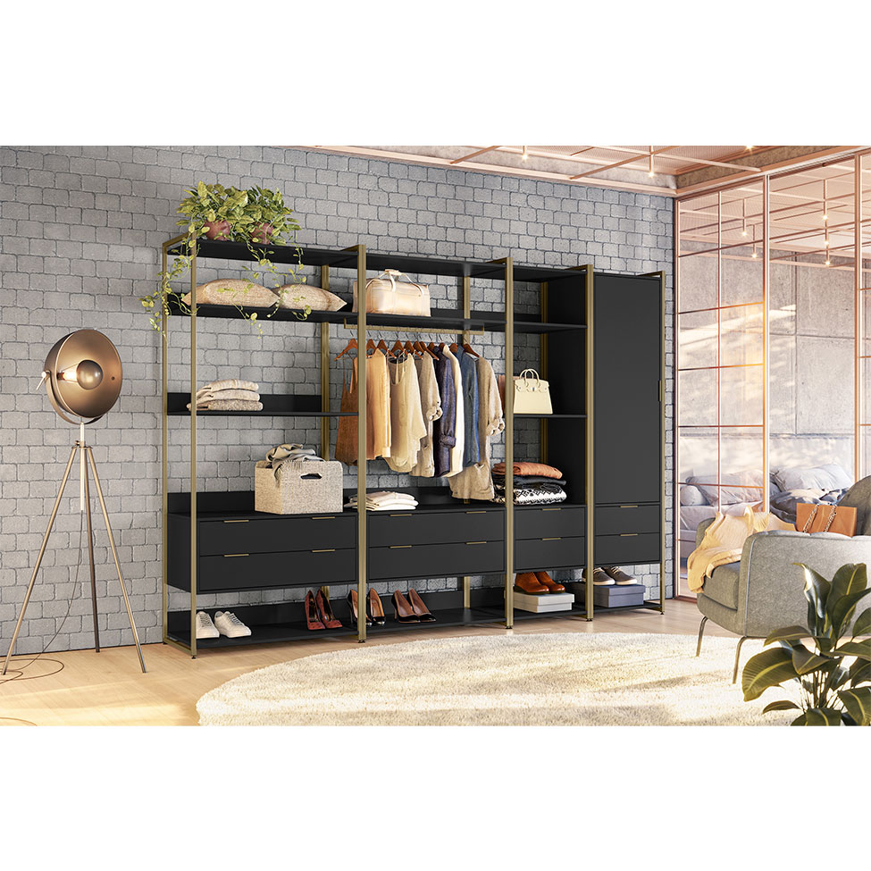 Guarda-Roupa Closet Industrial Mital 1 Porta 8 Gavetas Preto e Dourado