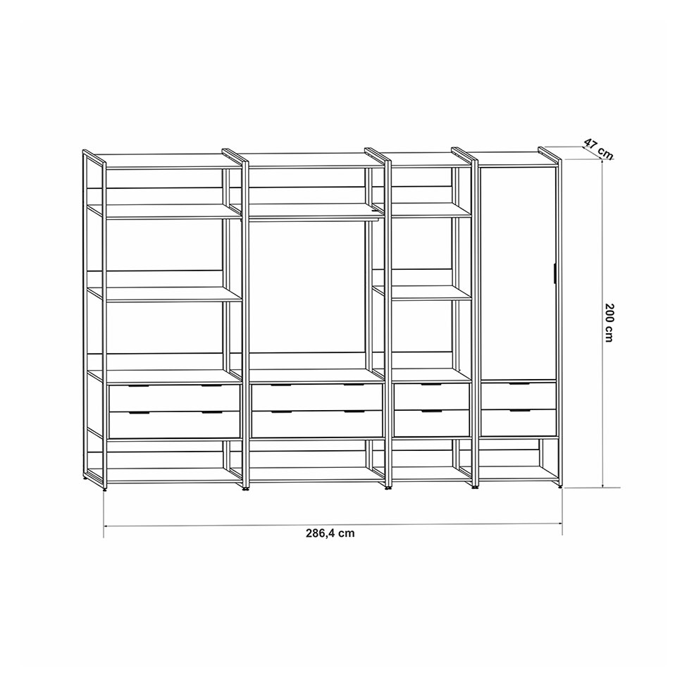 Guarda-Roupa Closet Industrial Mital 1 Porta 8 Gavetas Preto e Dourado