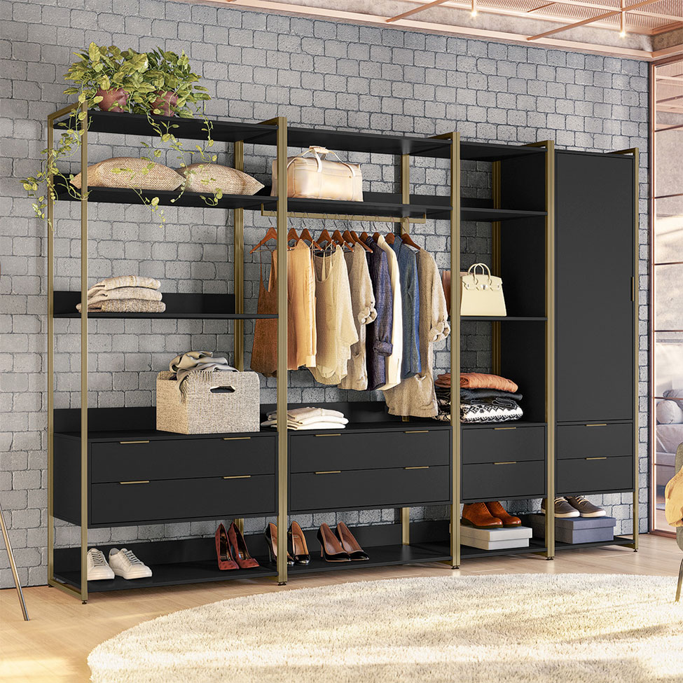 Guarda-Roupa Closet Industrial Mital 1 Porta 8 Gavetas Preto e Dourado