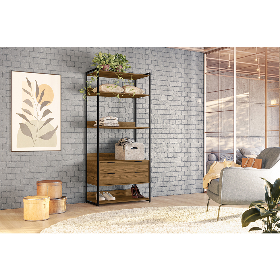 Guarda-Roupa Closet Industrial Mital 2 Gavetas Conhaque e Preto 89 cm