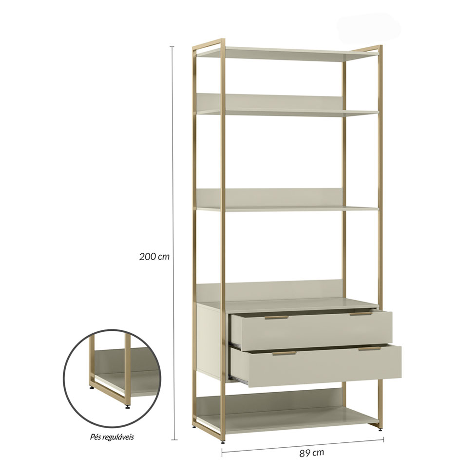 Guarda-Roupa Closet Industrial Mital 2 Gavetas Off White e Dourado 89 cm