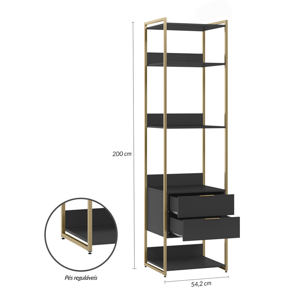 Guarda-Roupa Closet Industrial Mital 2 Gavetas Preto e Dourado 54 cm