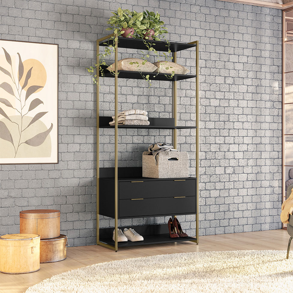 Guarda-Roupa Closet Industrial Mital 2 Gavetas Preto e Dourado 89 cm