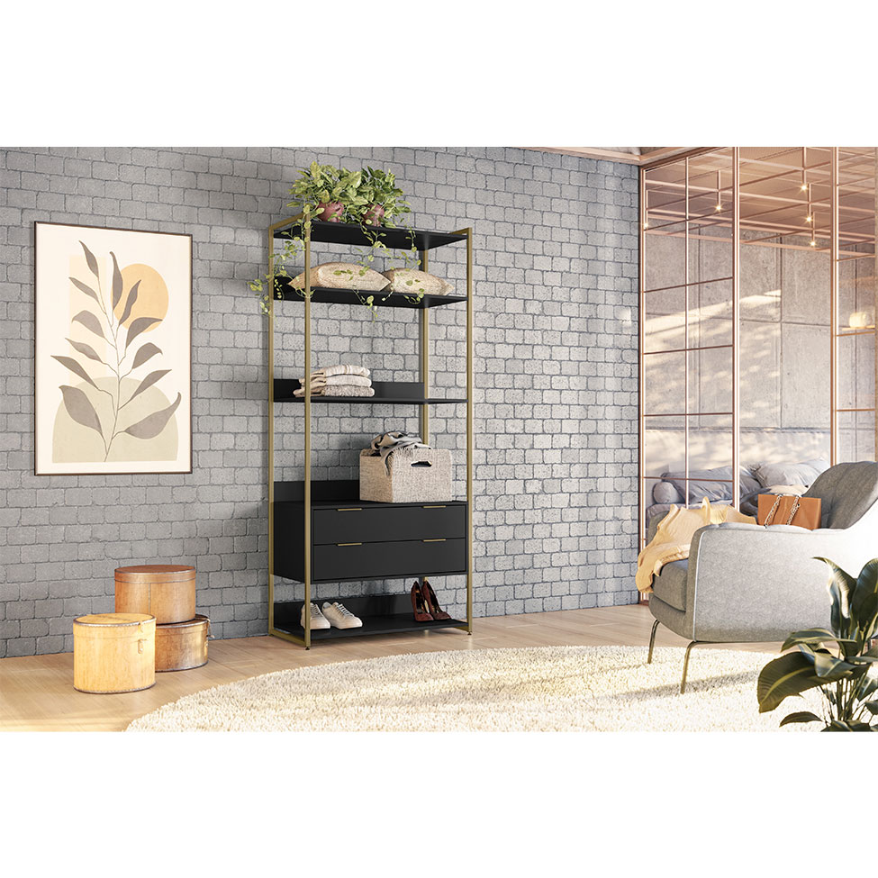 Guarda-Roupa Closet Industrial Mital 2 Gavetas Preto e Dourado 89 cm
