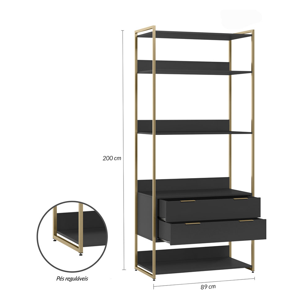 Guarda-Roupa Closet Industrial Mital 2 Gavetas Preto e Dourado 89 cm