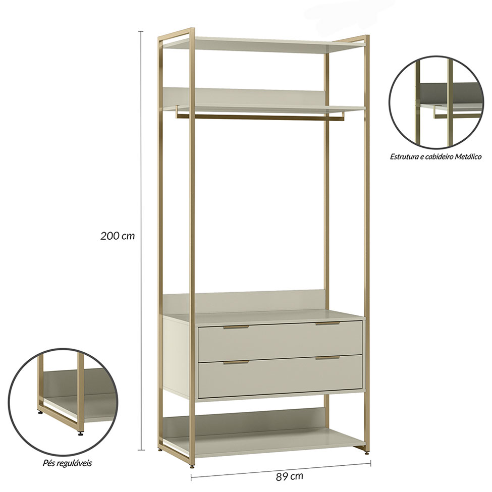 Guarda-Roupa Closet Industrial Mital 4 Gavetas Off White e Dourado 178 cm