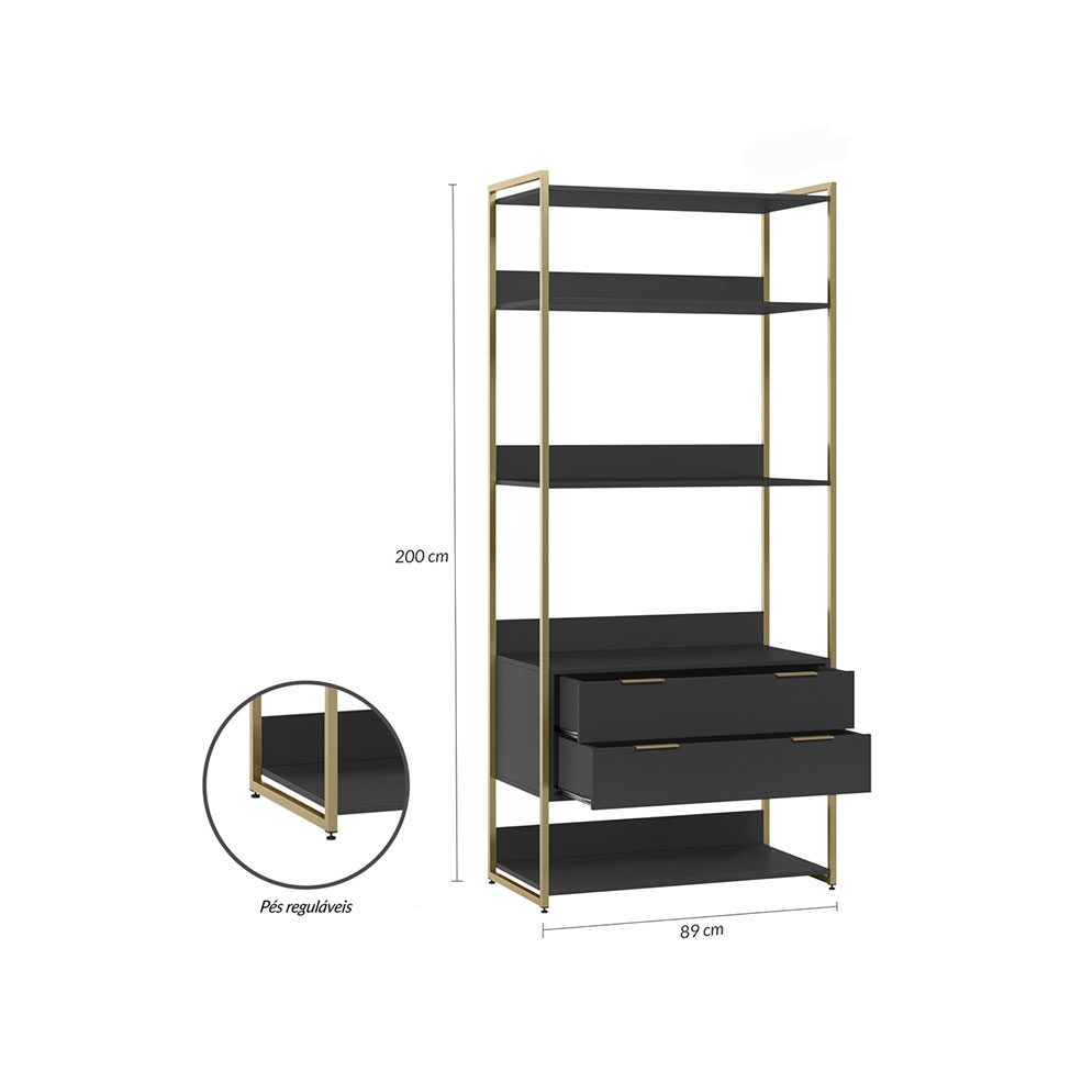 Guarda-Roupa Closet Industrial Mital 4 Gavetas Preto e Dourado 143 cm