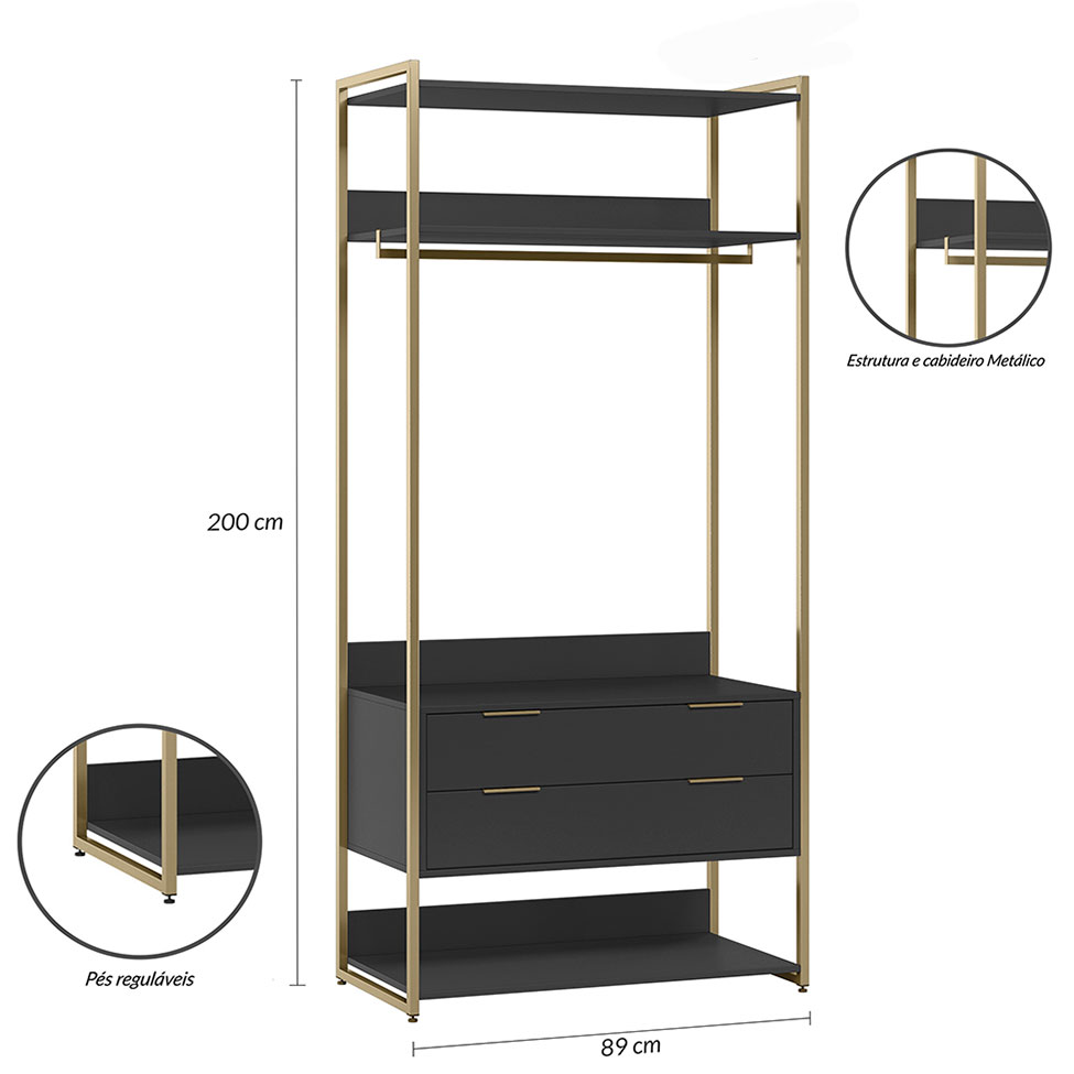 Guarda-Roupa Closet Industrial Mital 4 Gavetas Preto e Dourado 178 cm